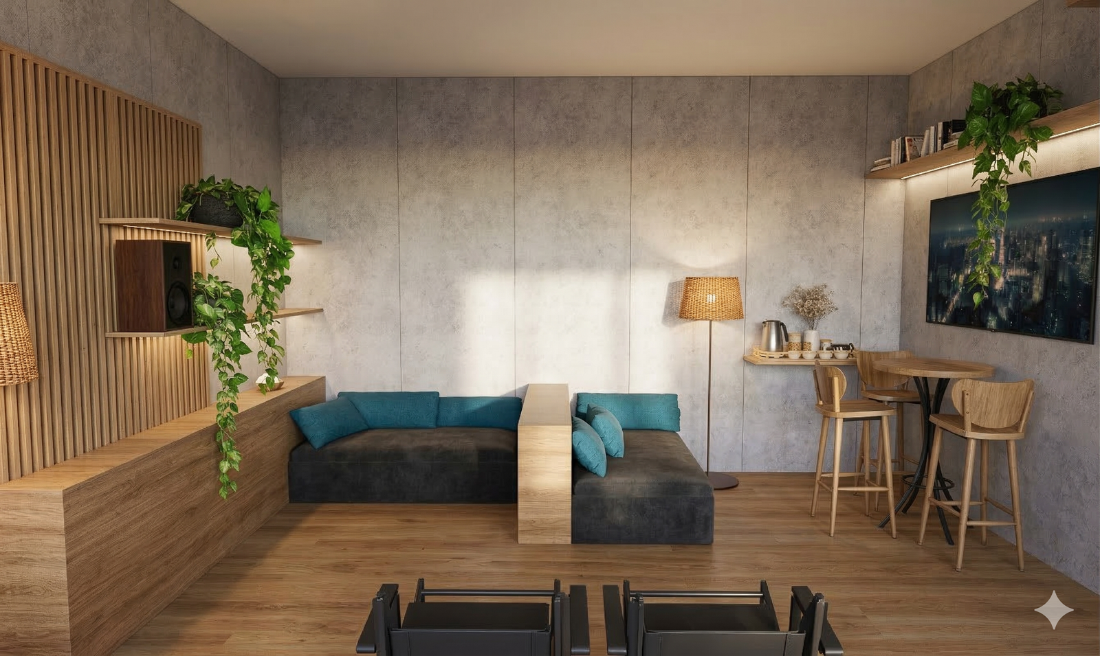 Vista lateral esquerda da Sala Lunins — condição diurna (variante A).