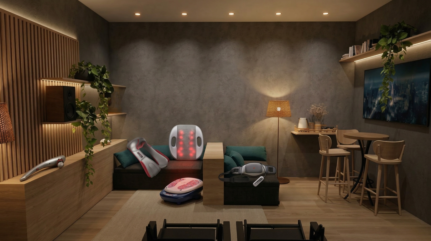 Vista lateral esquerda — com equipamentos de massagem (variante B).